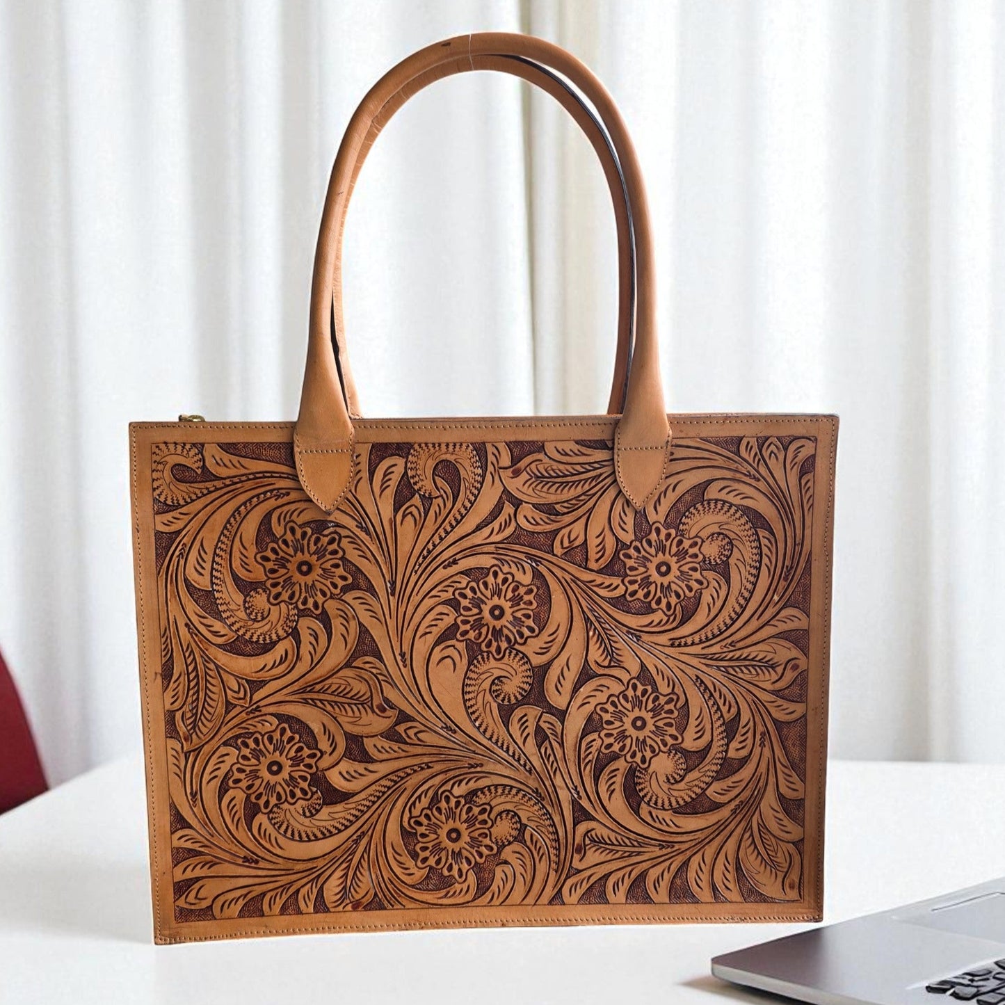 Premium Tooled Tan Western Laptop Tote
