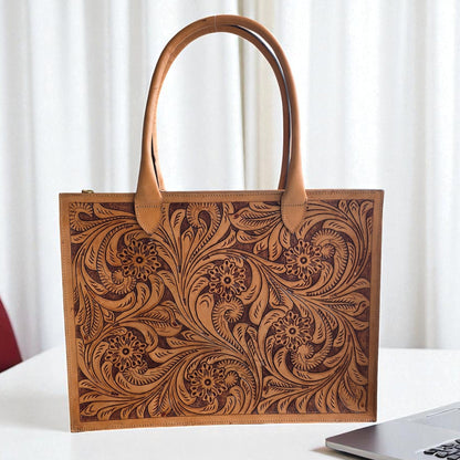 Premium Tooled Tan Western Laptop Tote