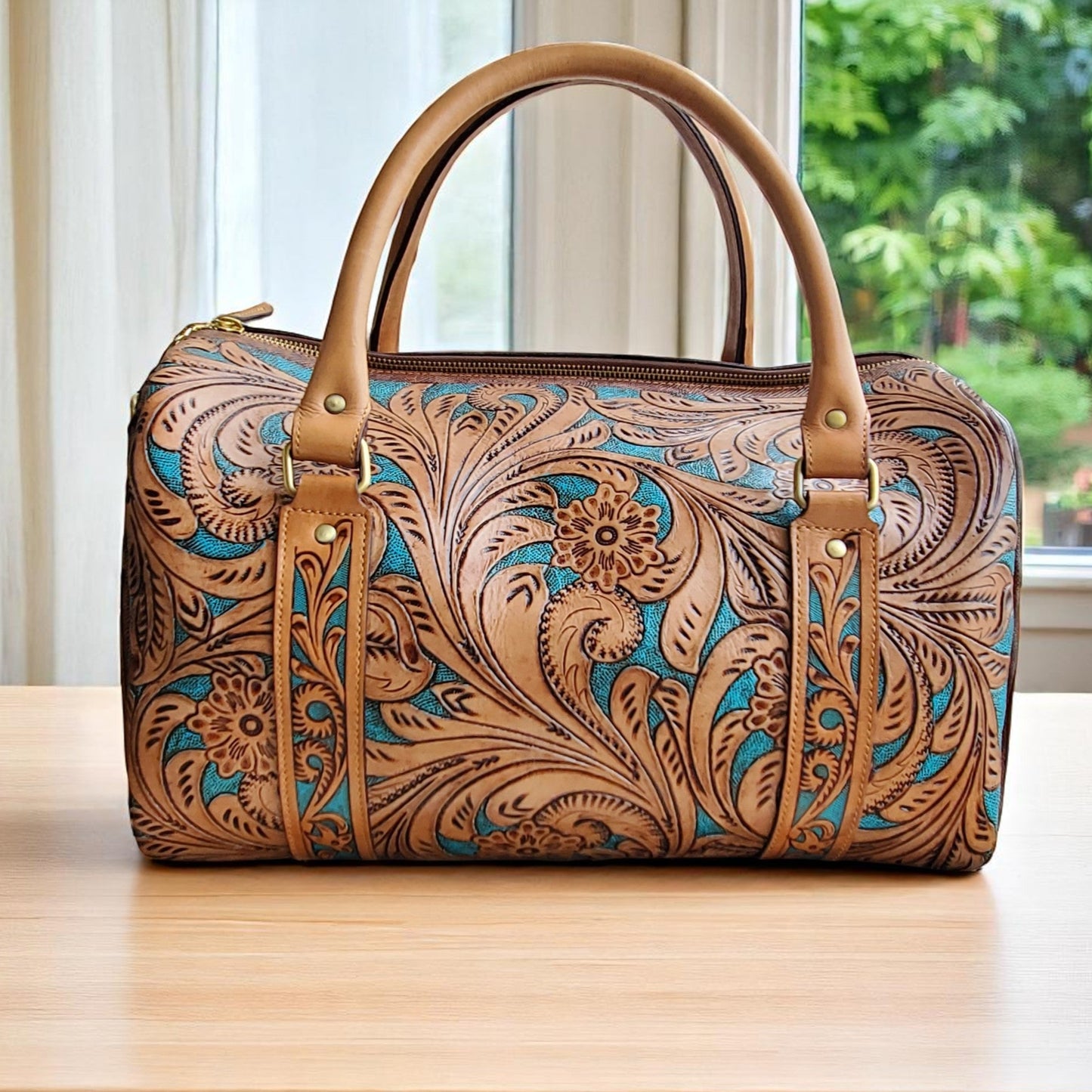 Western Tooled Tan Turquoise Overnight Leather Weekender