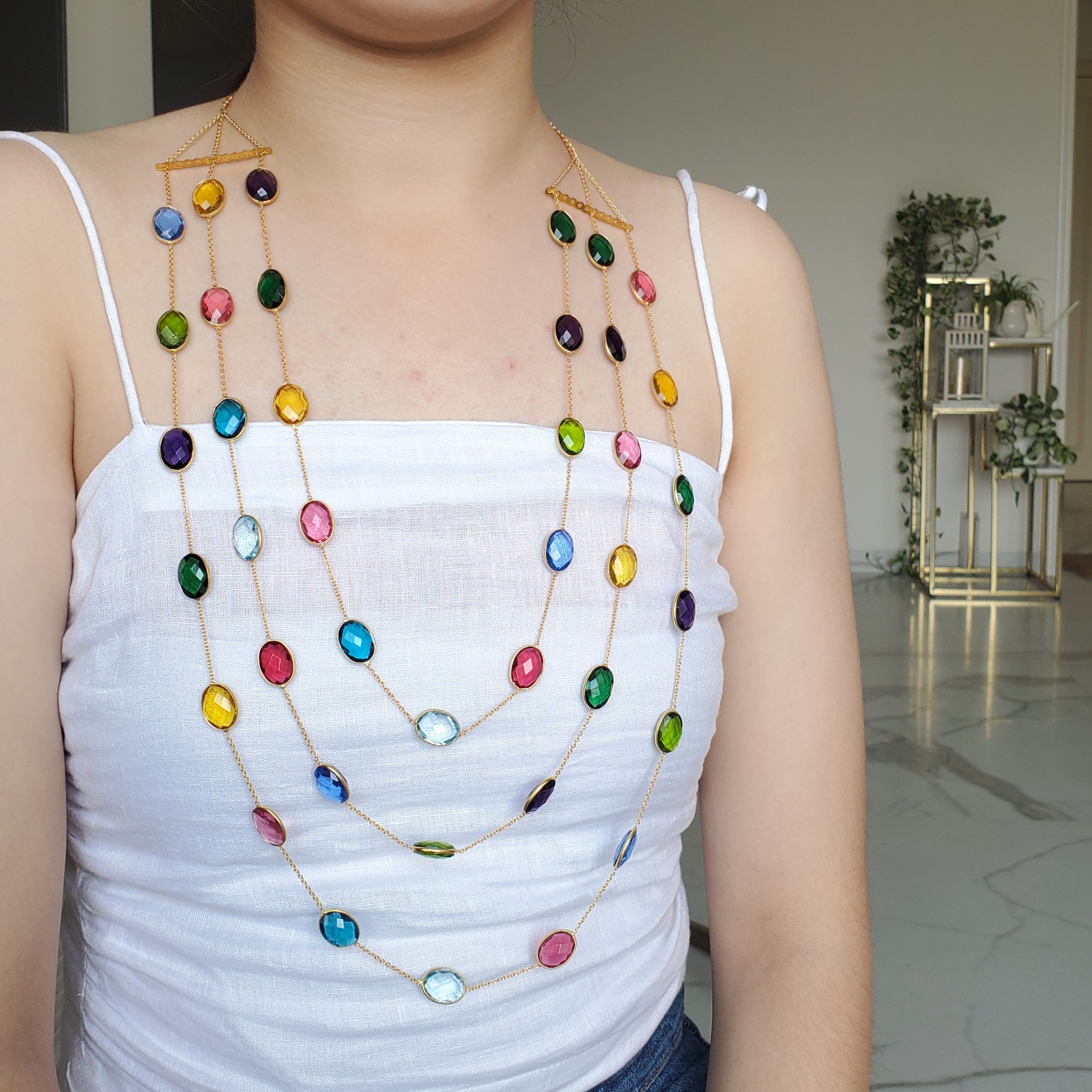 Multi Stone Semi precious Triple Layer Bezel Necklace