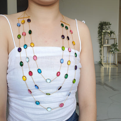 Multi Stone Semi precious Triple Layer Bezel Necklace