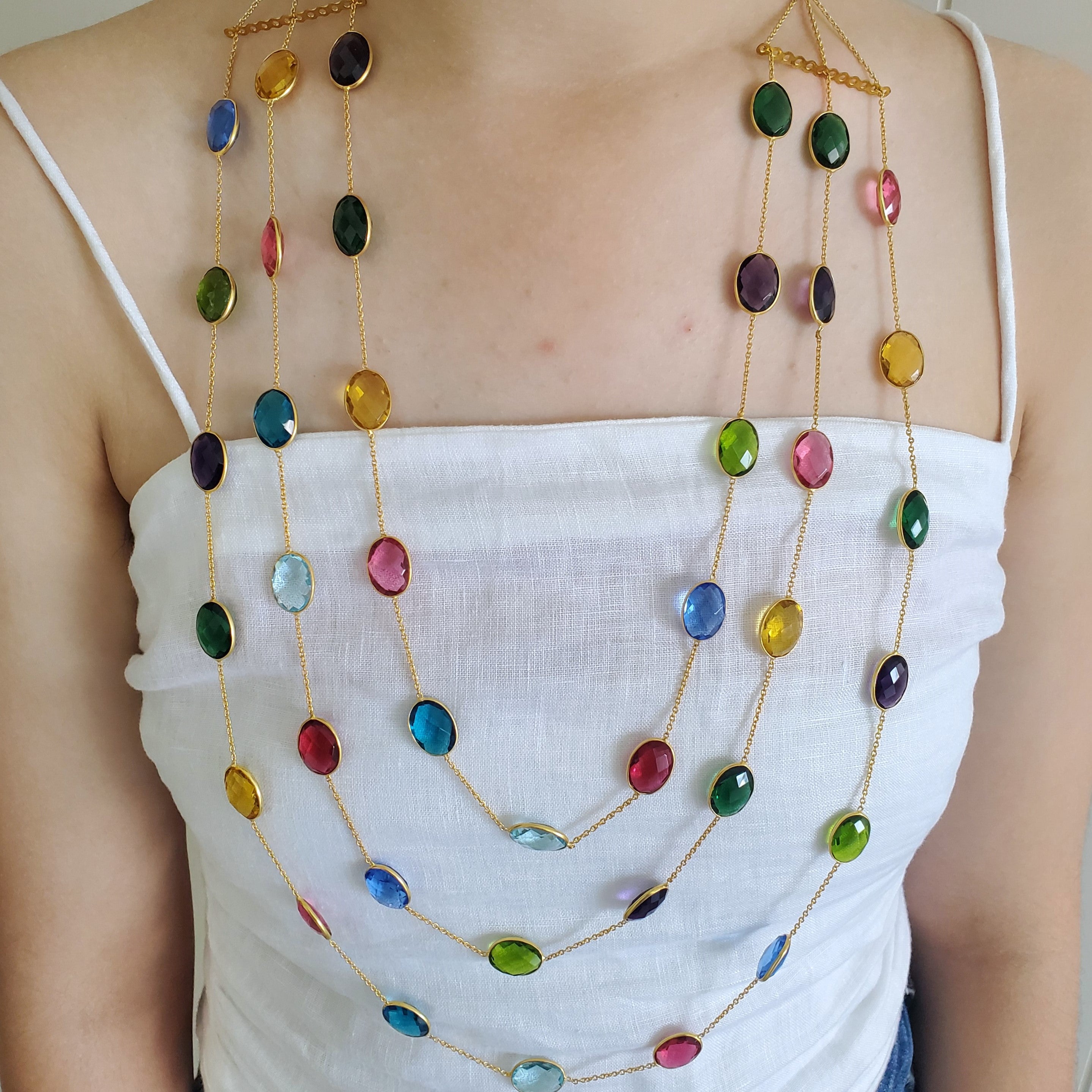 Multi Stone Semi precious Triple Layer Bezel Necklace