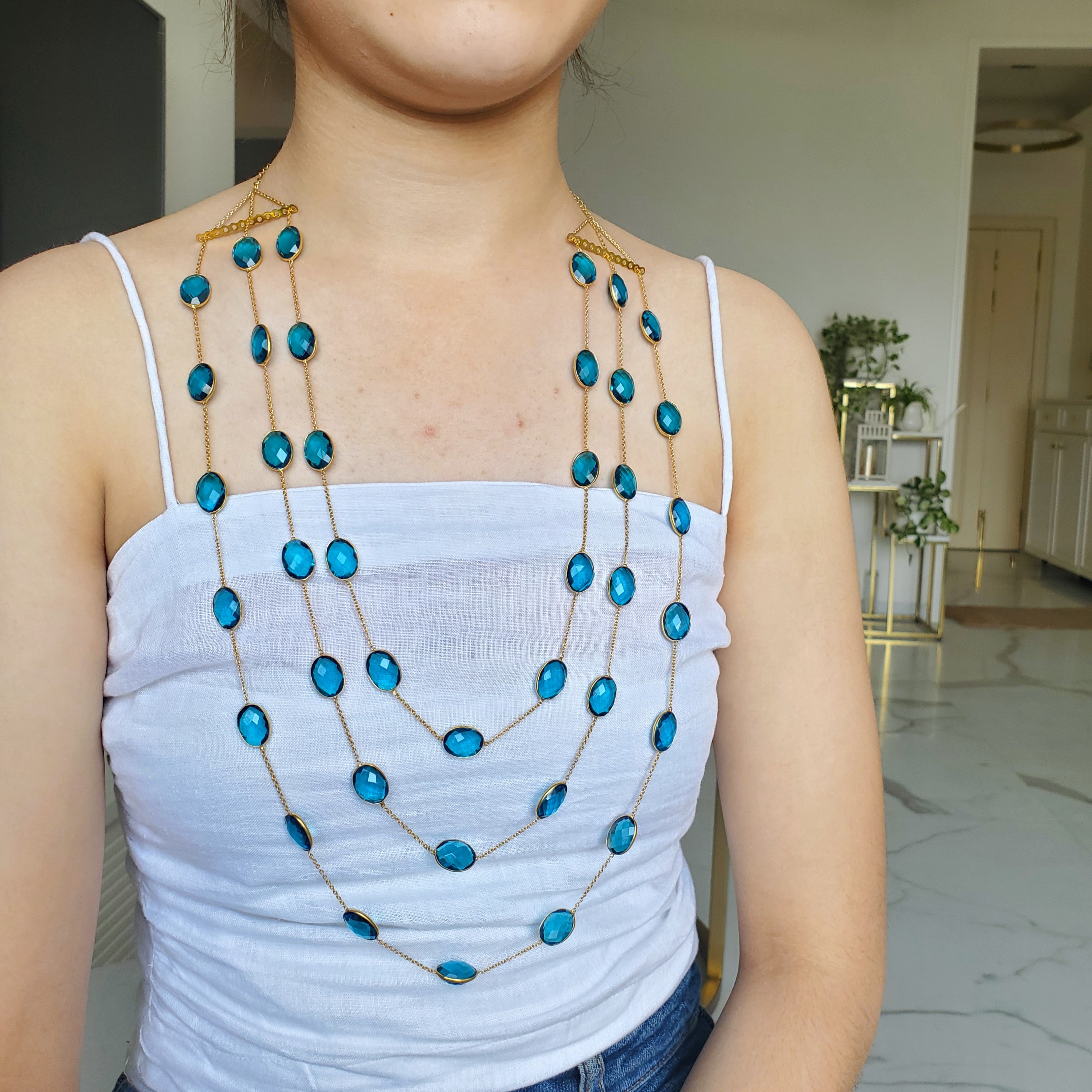 Natural Blue Apatite Triple Layer Bezel Necklace