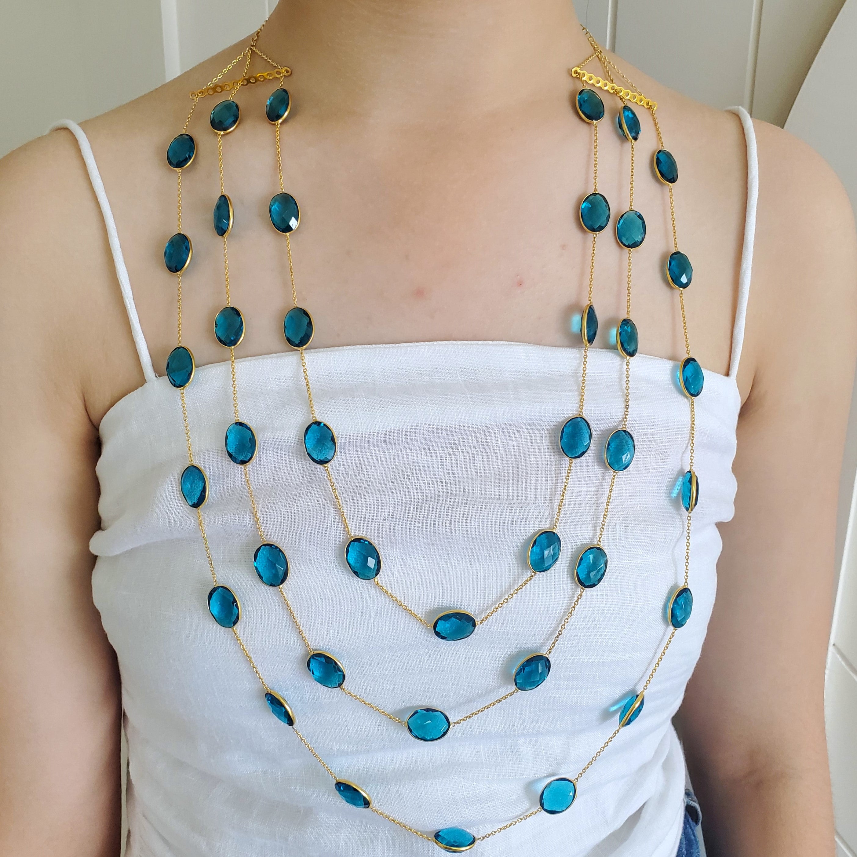 Natural Blue Apatite Triple Layer Bezel Necklace