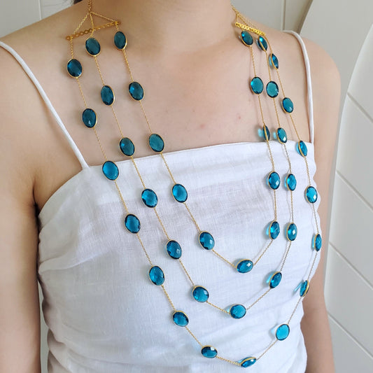 Natural Blue Apatite Triple Layer Bezel Necklace