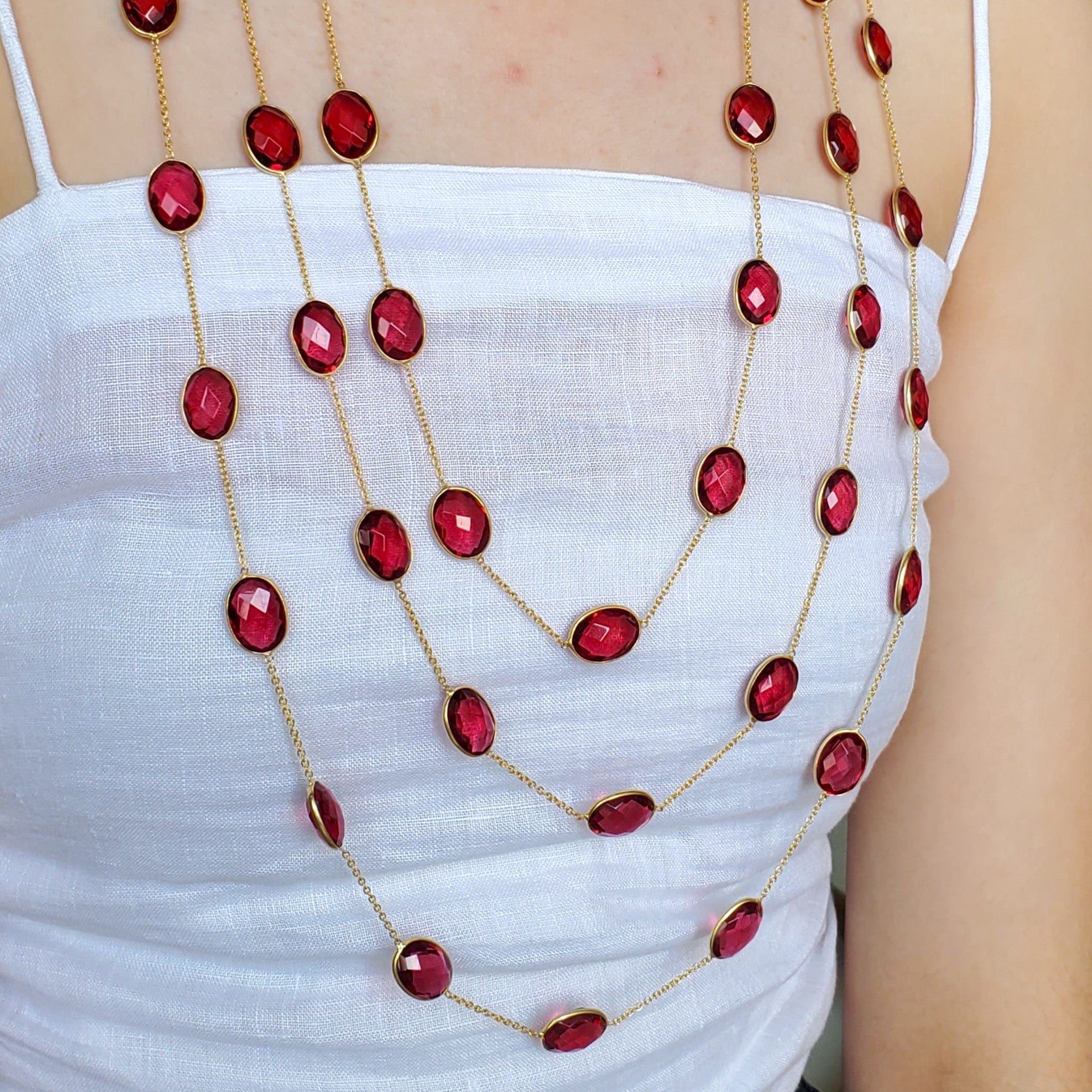 Ruby Red Tourmaline Natural Stone Three layer Bezel Necklace