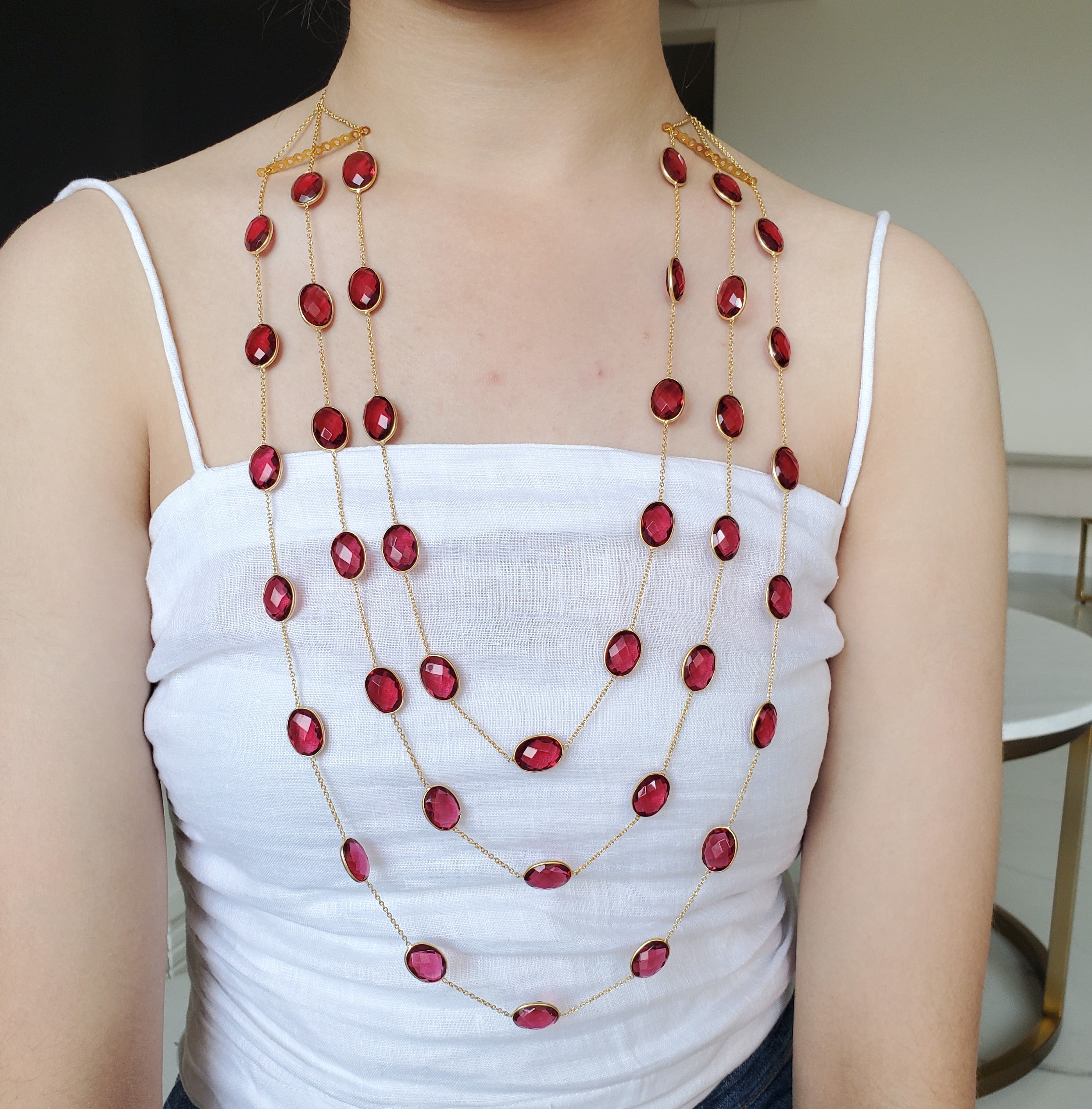 Ruby Red Tourmaline Natural Stone Three layer Bezel Necklace