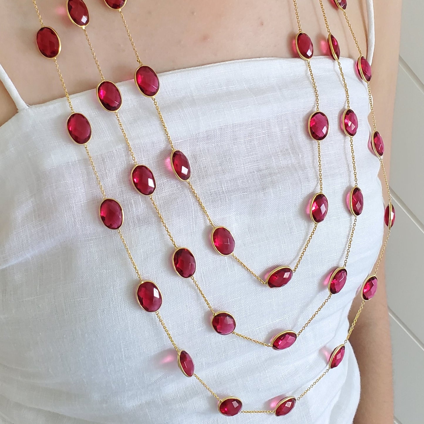 Ruby Red Tourmaline Natural Stone Three layer Bezel Necklace