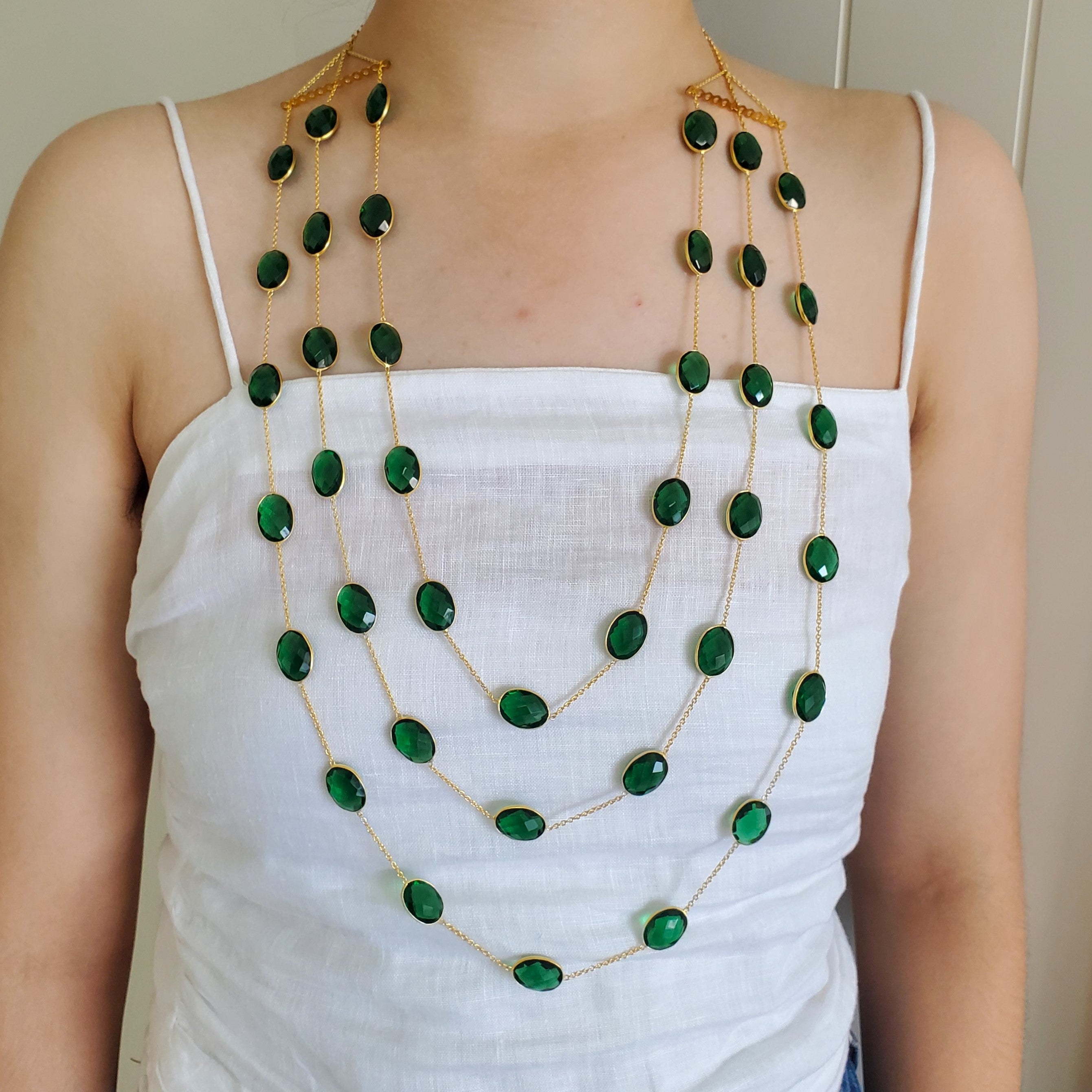 Green Onyx Natural Three Layer Stone Bezel Necklace