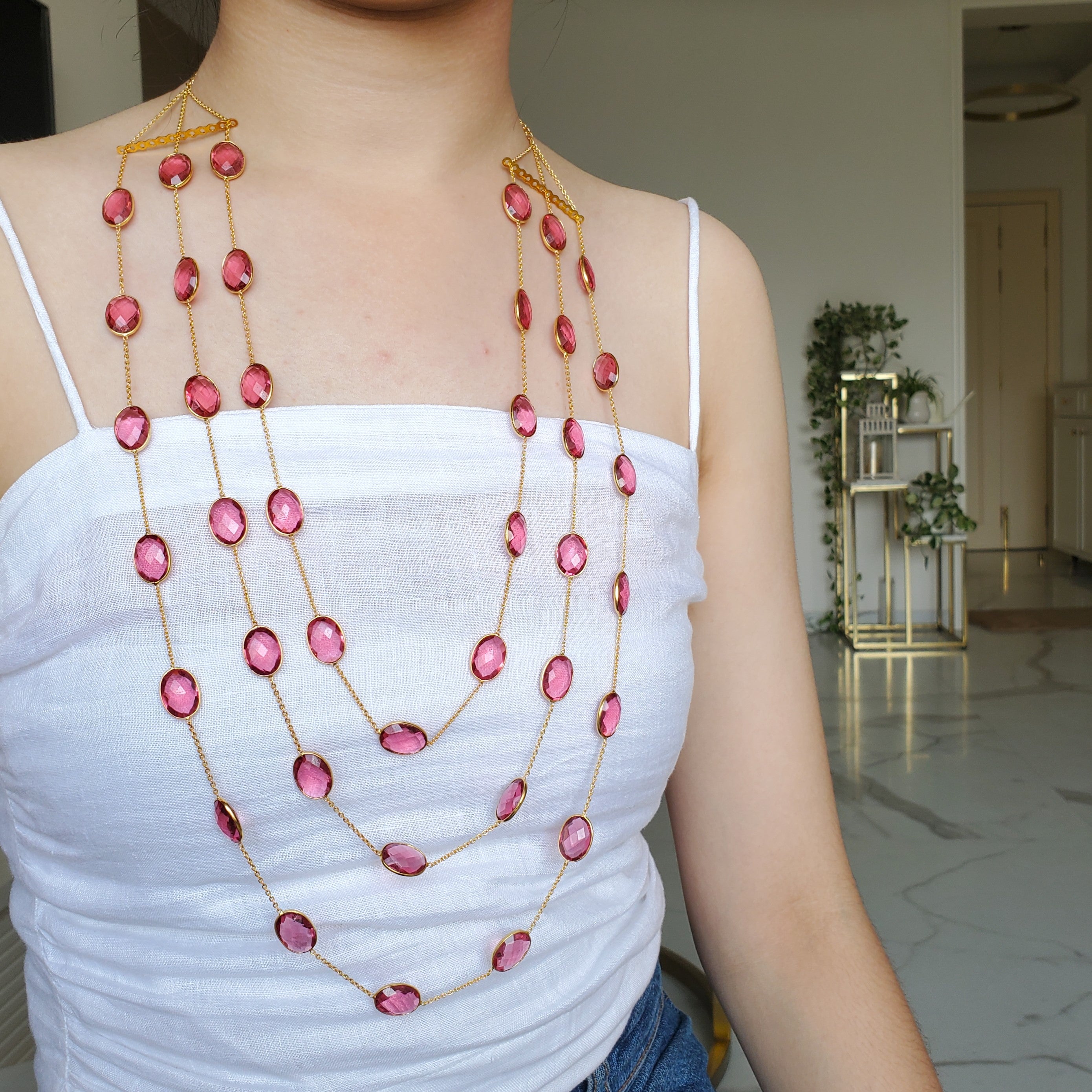 Pink Ruby Tourmaline Natural Stone Triple Layer Bezel Necklace