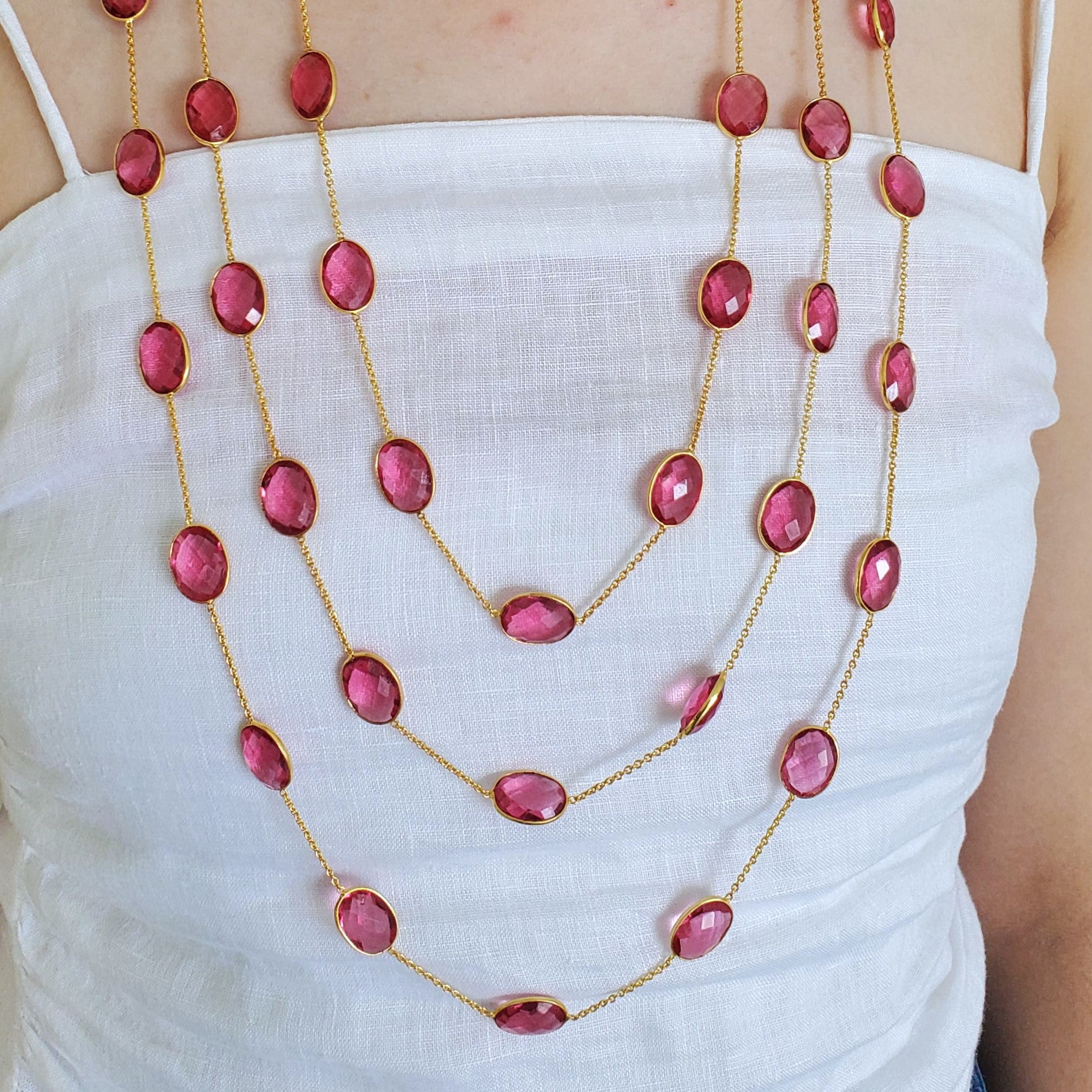 Pink Ruby Tourmaline Natural Stone Triple Layer Bezel Necklace