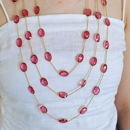 Pink Ruby Tourmaline Natural Stone Triple Layer Bezel Necklace