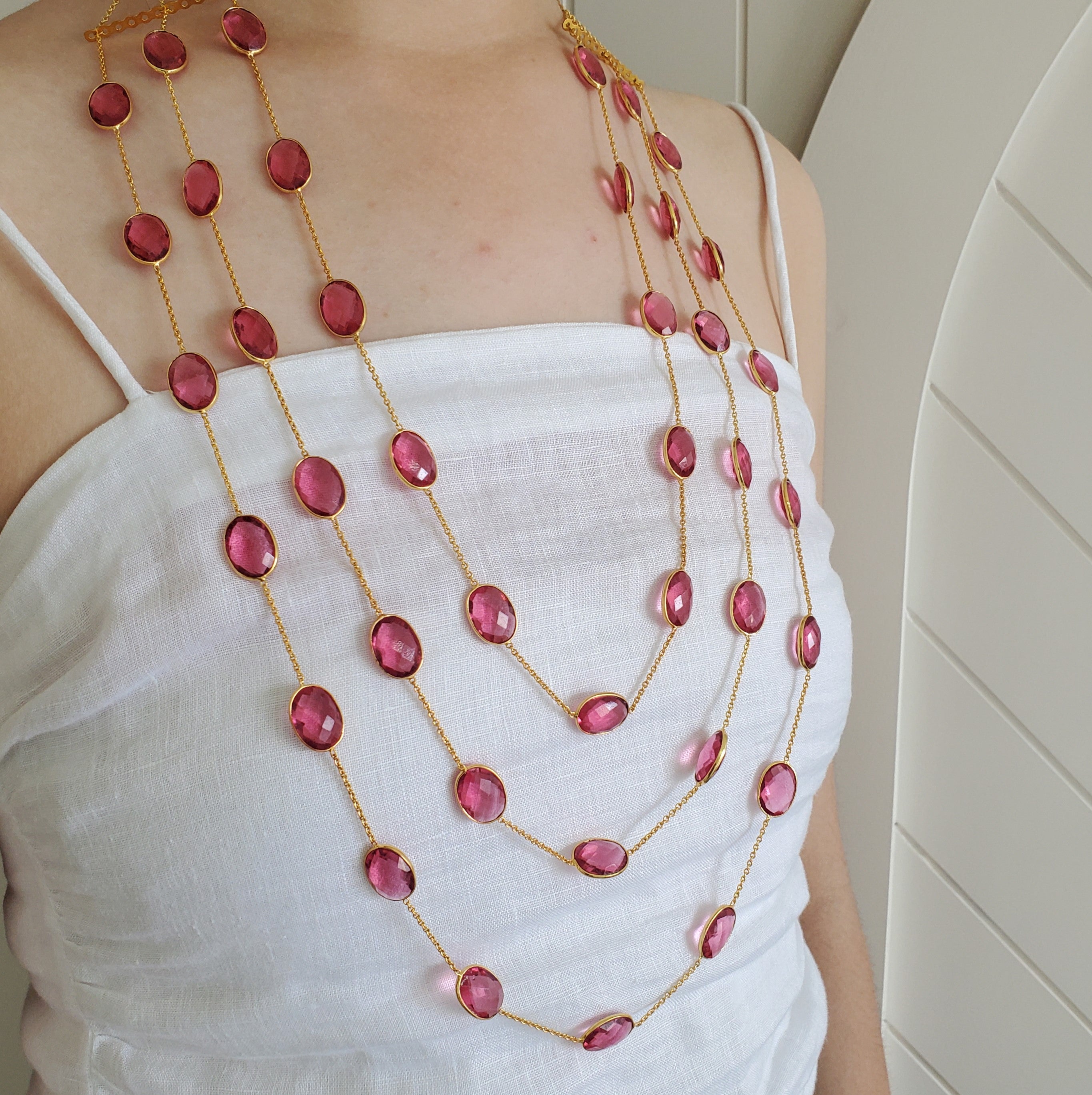 Pink Ruby Tourmaline Natural Stone Triple Layer Bezel Necklace