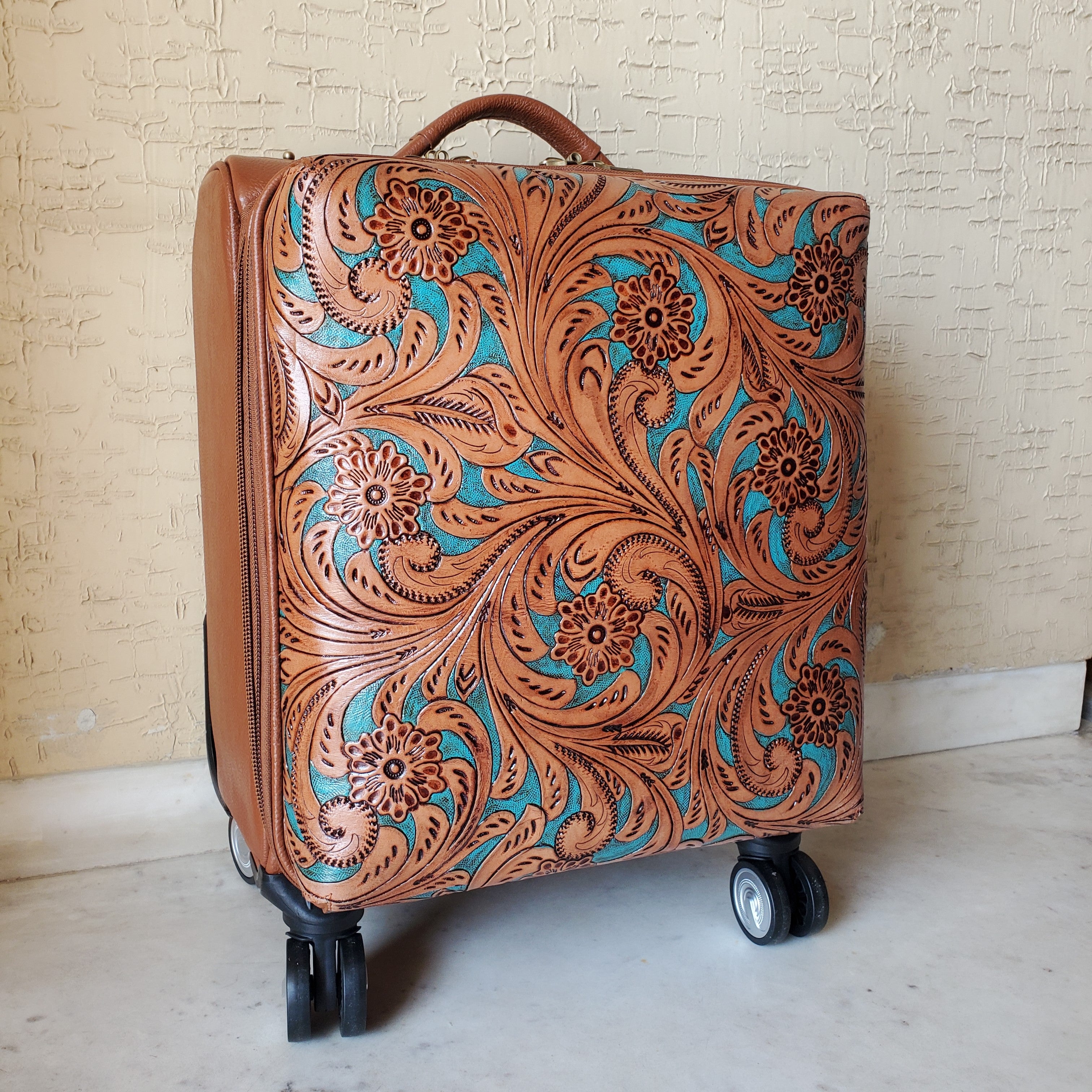 Western Hand Tooled Rolling Trolley Weekender