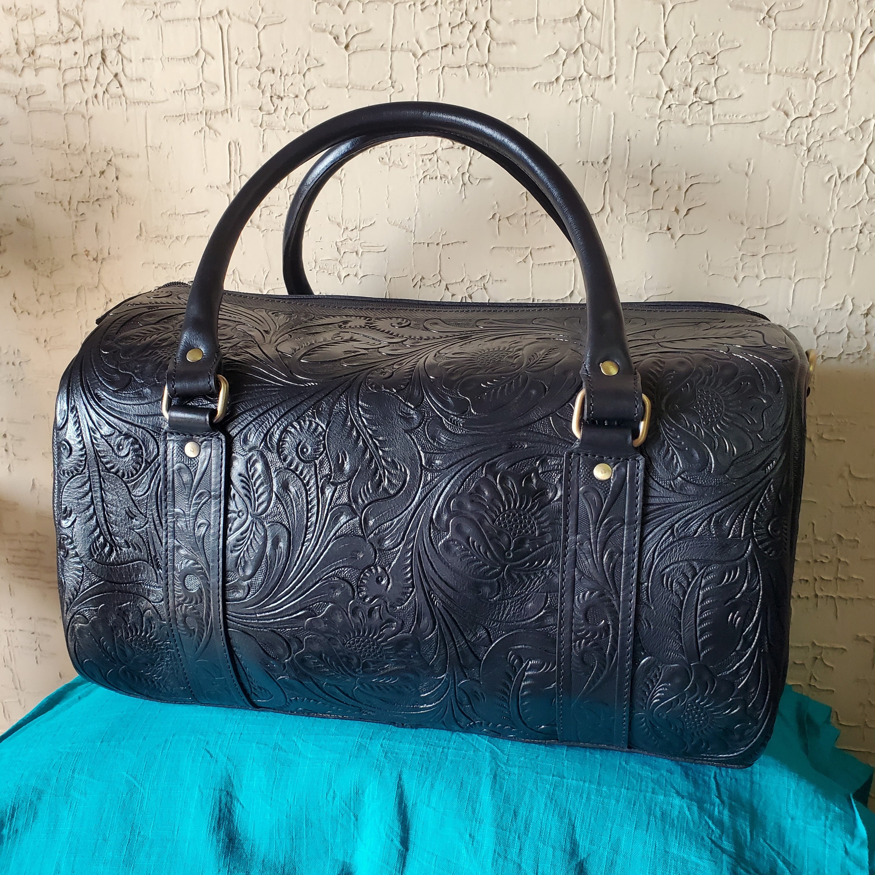 Hand Tooled Overnight Duffel Leather Travel Weekender