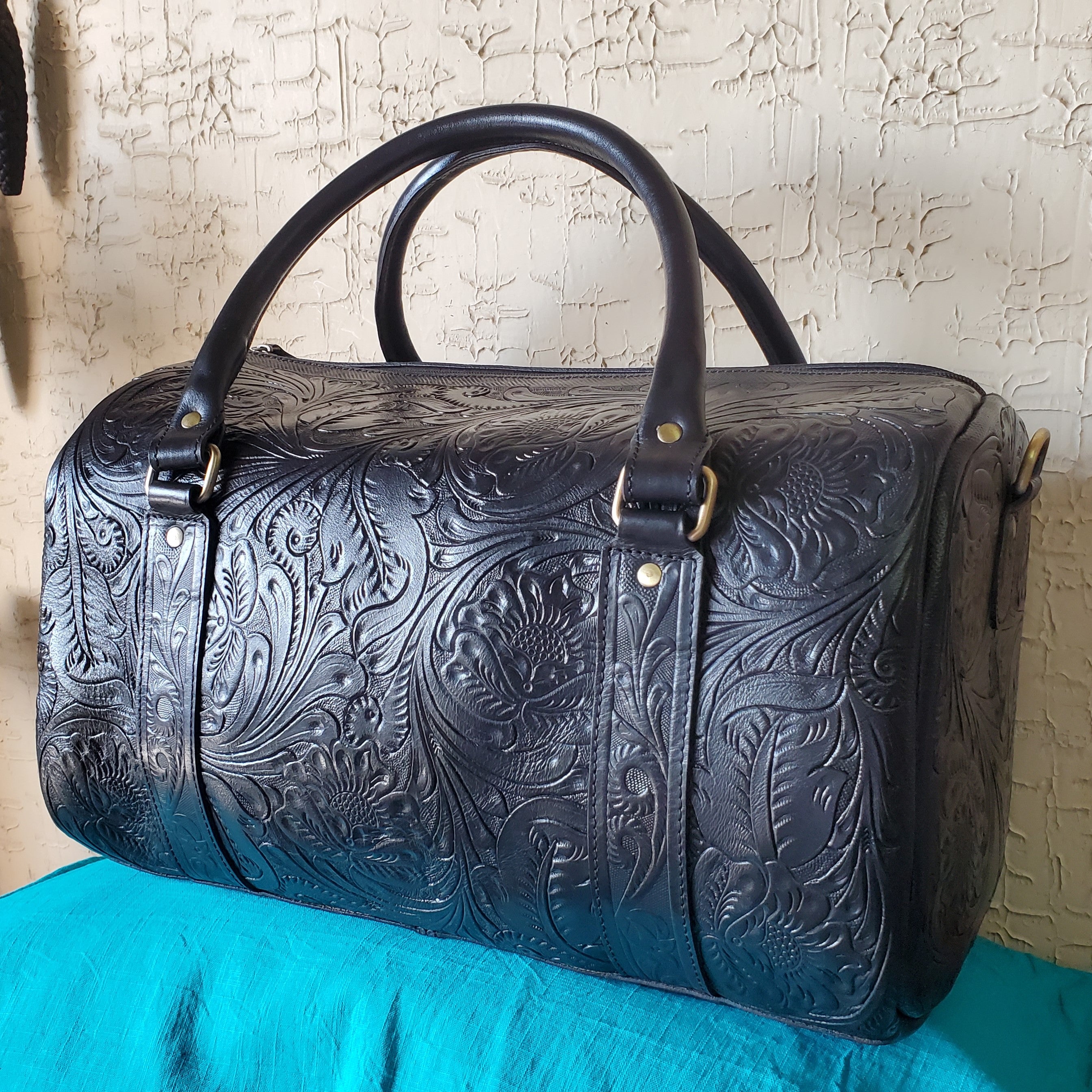 Hand Tooled Overnight Duffel Leather Travel Weekender