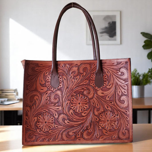 Hand Tooled Tan Brown Floral Western Tote