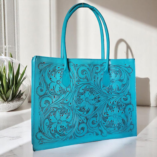 Regular Hand Tooled Turquoise Laptop Western Tote