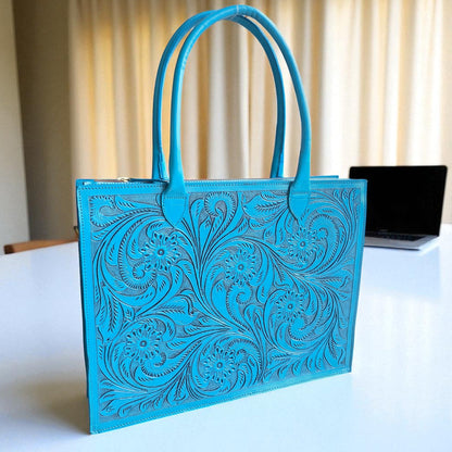 Premium Tooled Turquoise Western Laptop Tote
