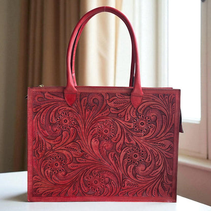 Premium Tooled Mahogany red Western Laptop Tote