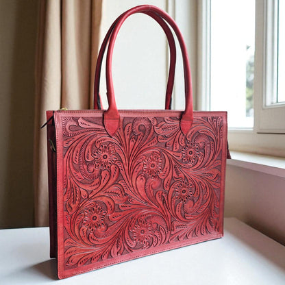 Premium Tooled Mahogany red Western Laptop Tote