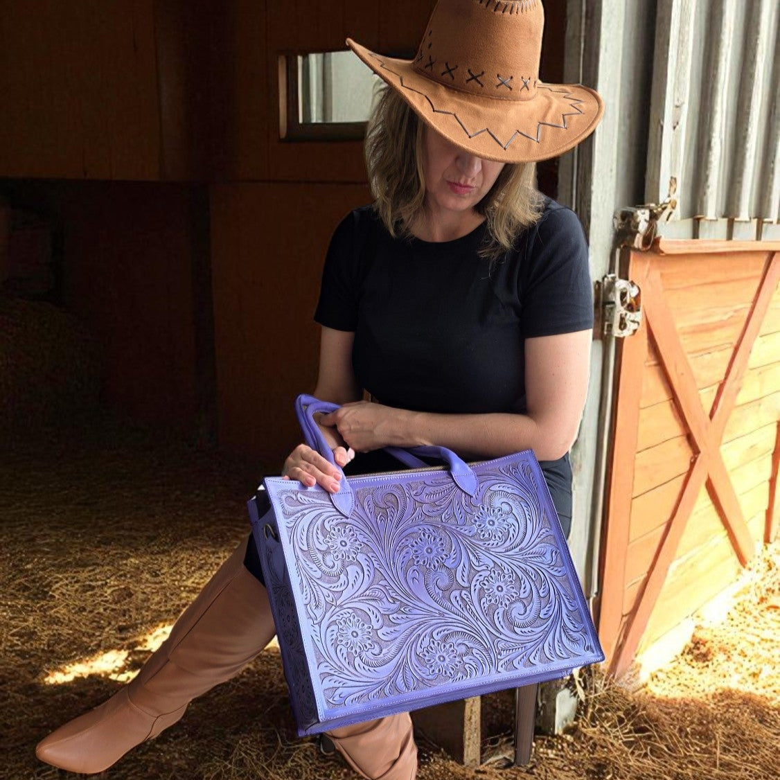 Premium Tooled Lavender Western Laptop Tote