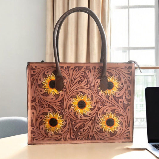 Regular Hand Tooled Sunflower Tan Western Tote