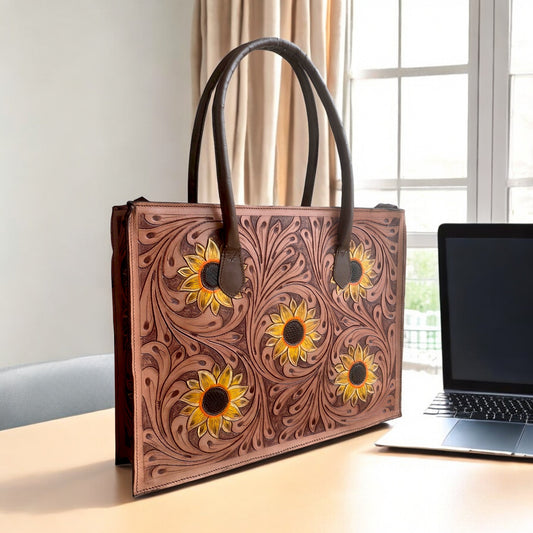 Regular Hand Tooled Sunflower Tan Western Tote