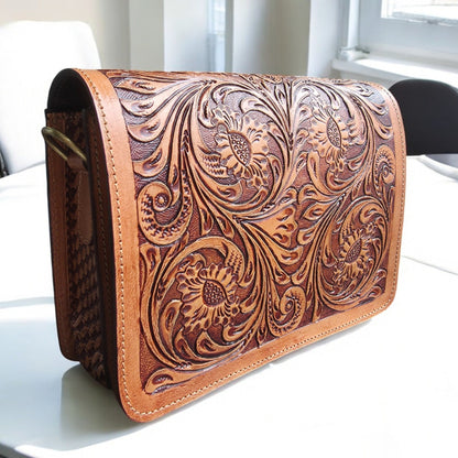 Western Tooled Purse Tan Turquoise Sling