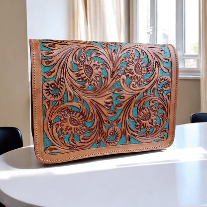 Western Tooled Purse Tan Turquoise Sling