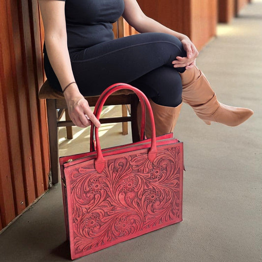 Premium Tooled Mahogany red Western Laptop Tote