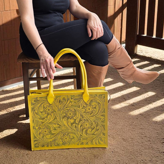 Premium Tooled Yellow Western Laptop Tote