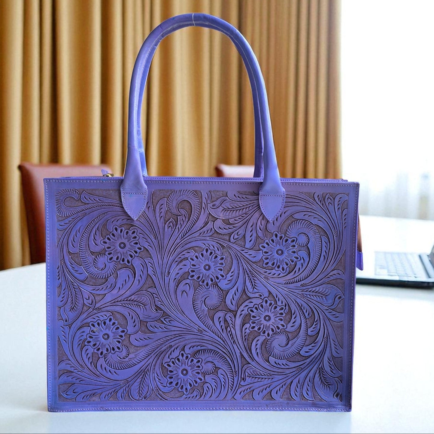 Premium Tooled Lavender Western Laptop Tote