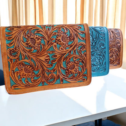 Western Tooled Purse Tan Turquoise Sling