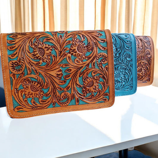 Western Tooled Purse Tan Turquoise Sling