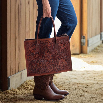 Regular Hand Tooled Brown Floral Western Tote