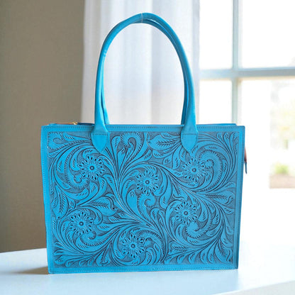 Premium Tooled Turquoise Western Laptop Tote
