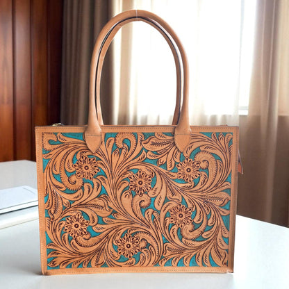 Premium Tooled Tan-Turquoise Western Laptop Tote