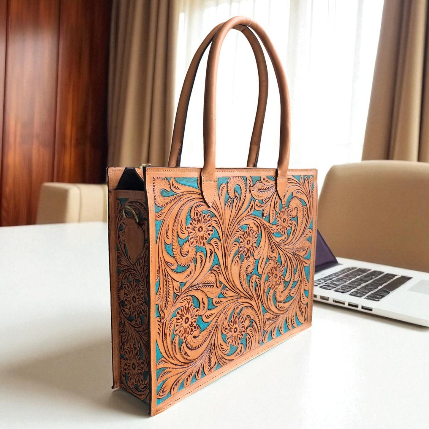 Premium Tooled Tan-Turquoise Western Laptop Tote