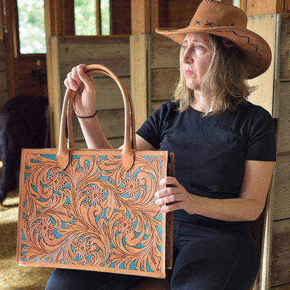 Premium Tooled Tan-Turquoise Western Laptop Tote