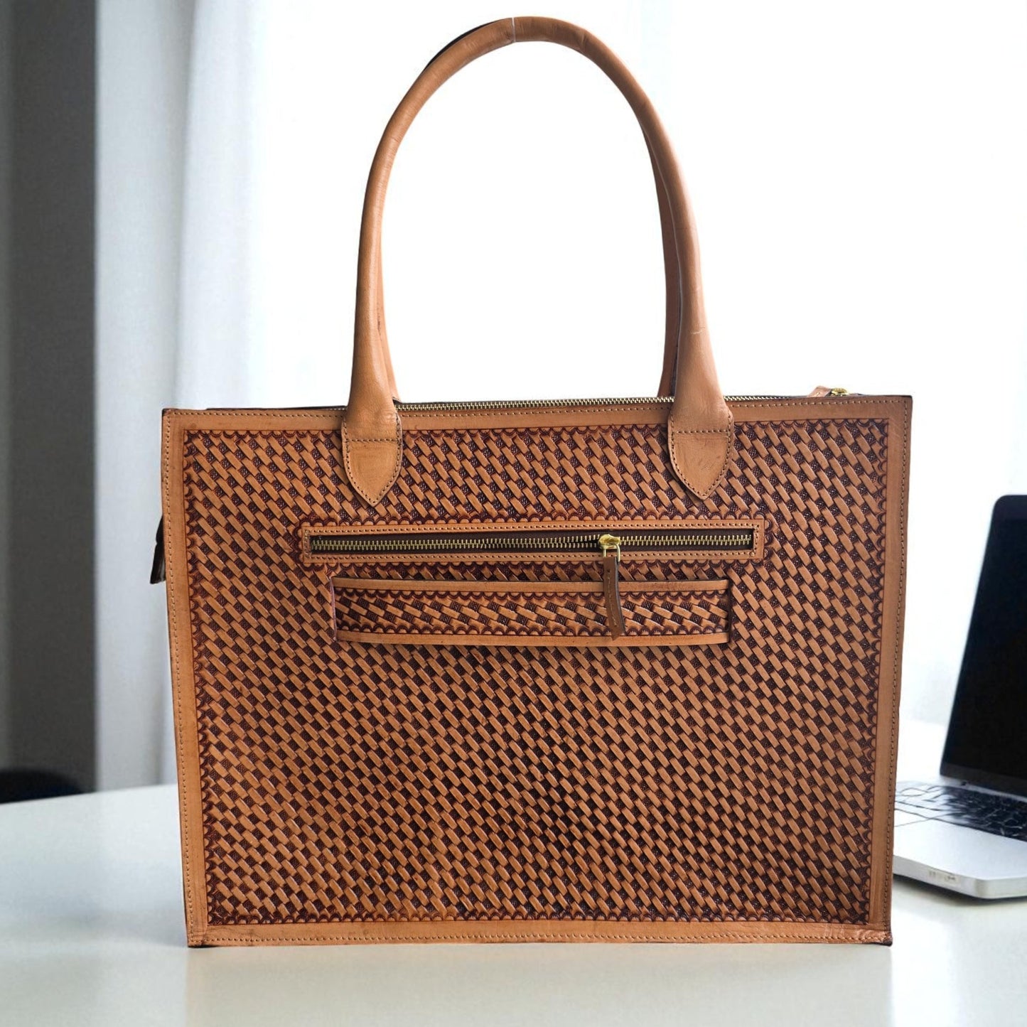 Premium Tooled Tan-Turquoise Western Laptop Tote
