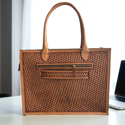 Premium Tooled Tan-Turquoise Western Laptop Tote