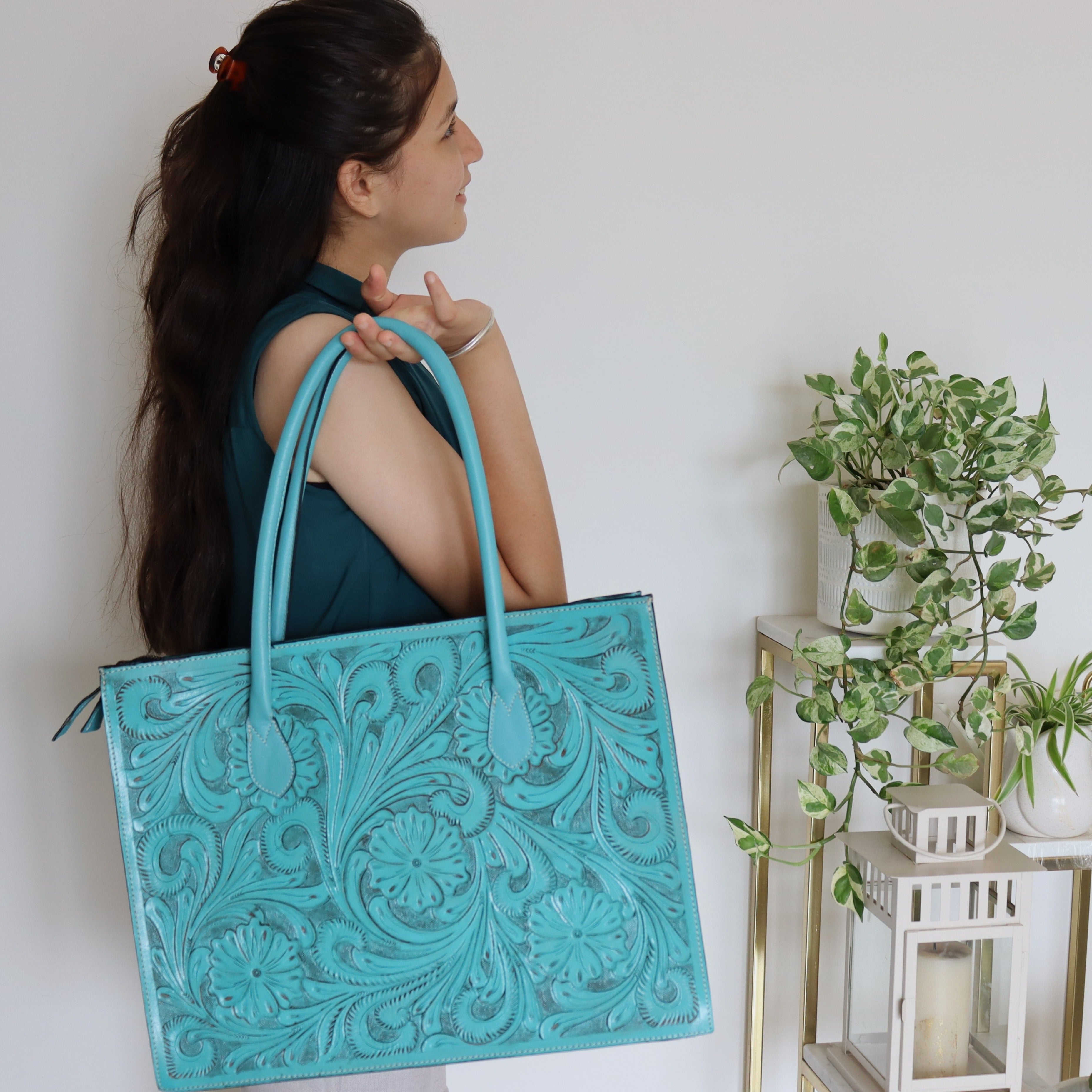 Hand Tool Carved Turquoise Leather Tote