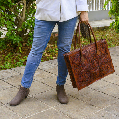 Hand Tooled Brown Floral Western Tote