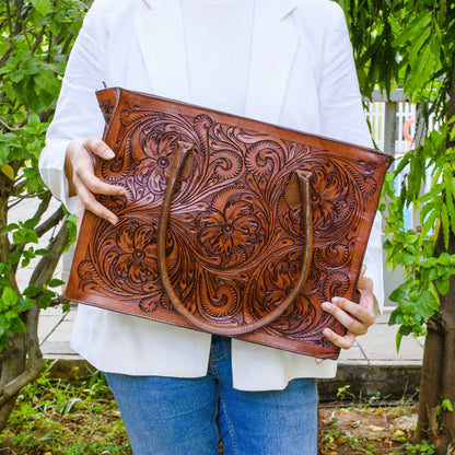 Hand Tooled Brown Floral Western Tote