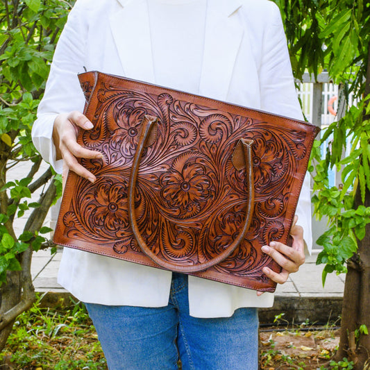 Hand Tooled Brown Floral Western Tote