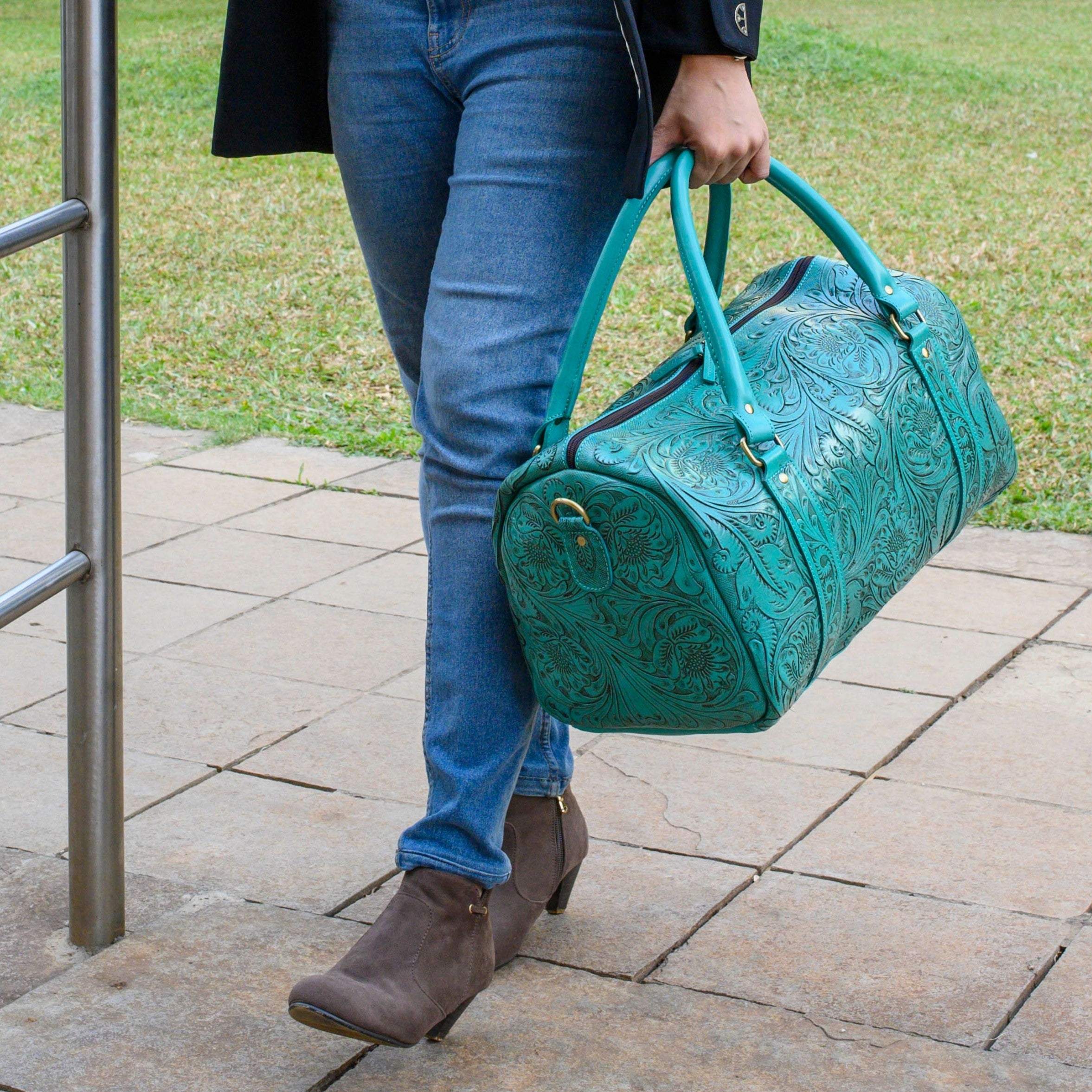 Hand Tooled Overnight Duffel Leather Travel Weekender