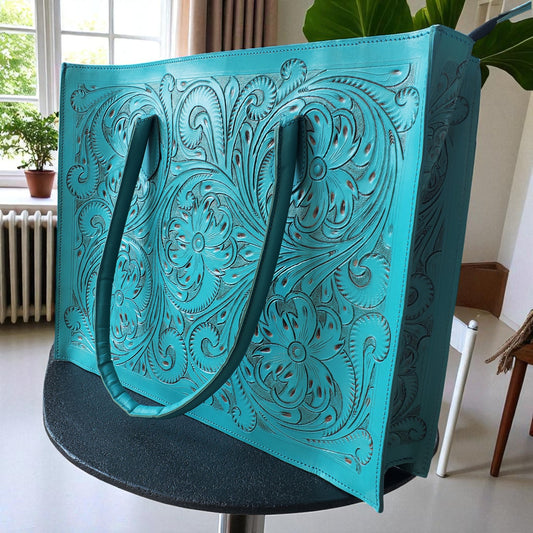 Hand Tooled Turquoise Laptop Western Tote