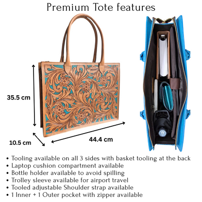 Premium Tooled Tan-Turquoise Western Laptop Tote