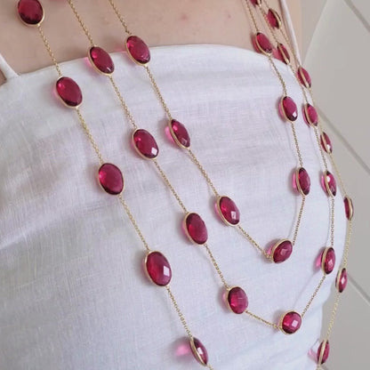 Ruby Red Tourmaline Natural Stone Three layer Bezel Necklace